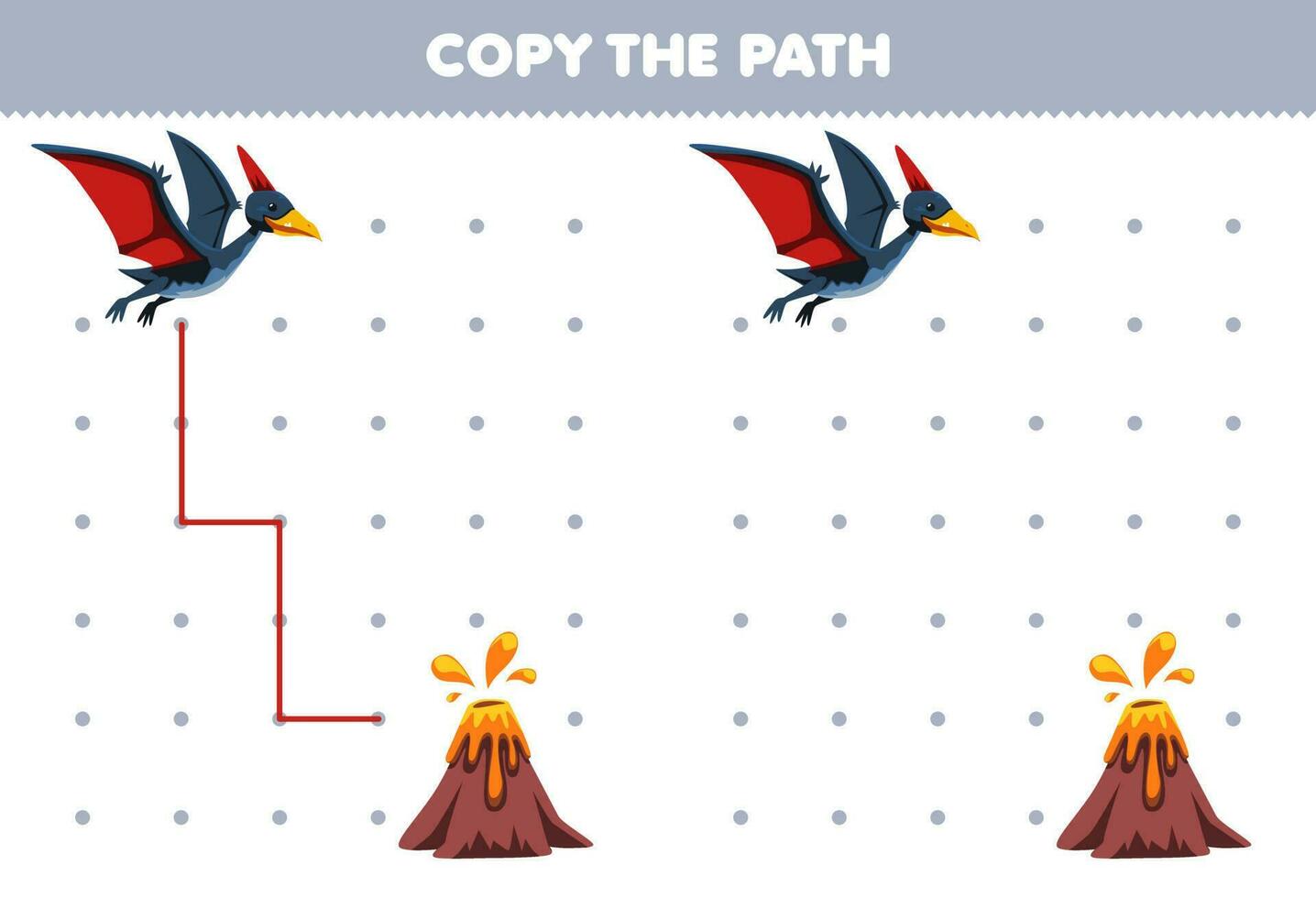 Education game for children copy the path help pteranodon move to the volcano printable prehistoric dinosaur worksheet vector