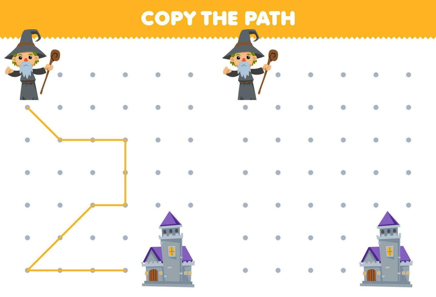 Education game for children copy the path help wizard move to the castle printable halloween worksheet vector