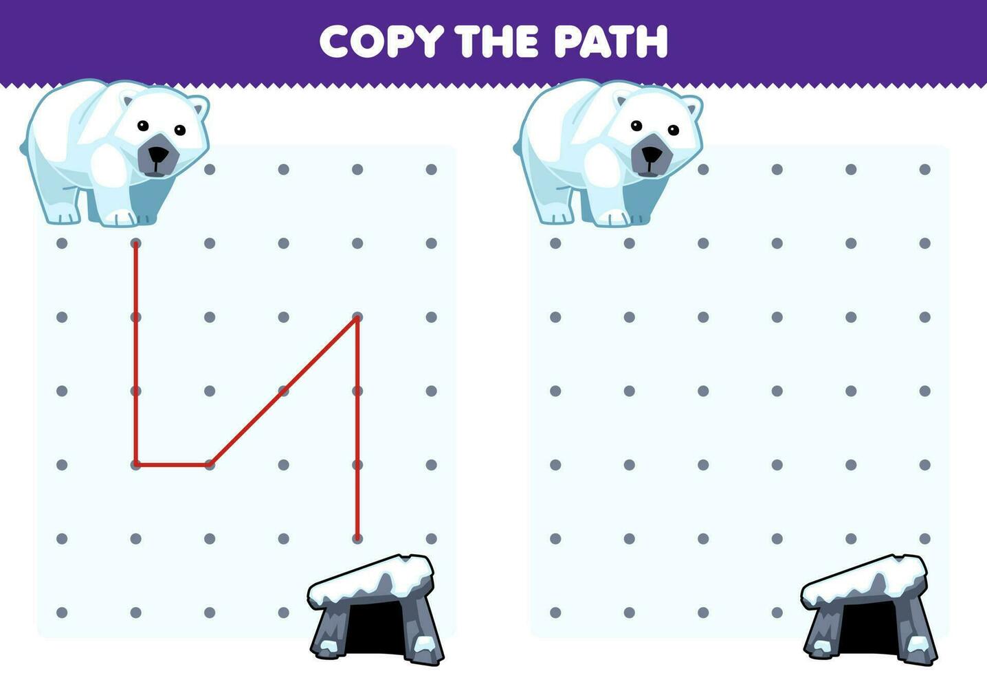 Education game for children copy the path help polar bear move to the den printable winter worksheet vector