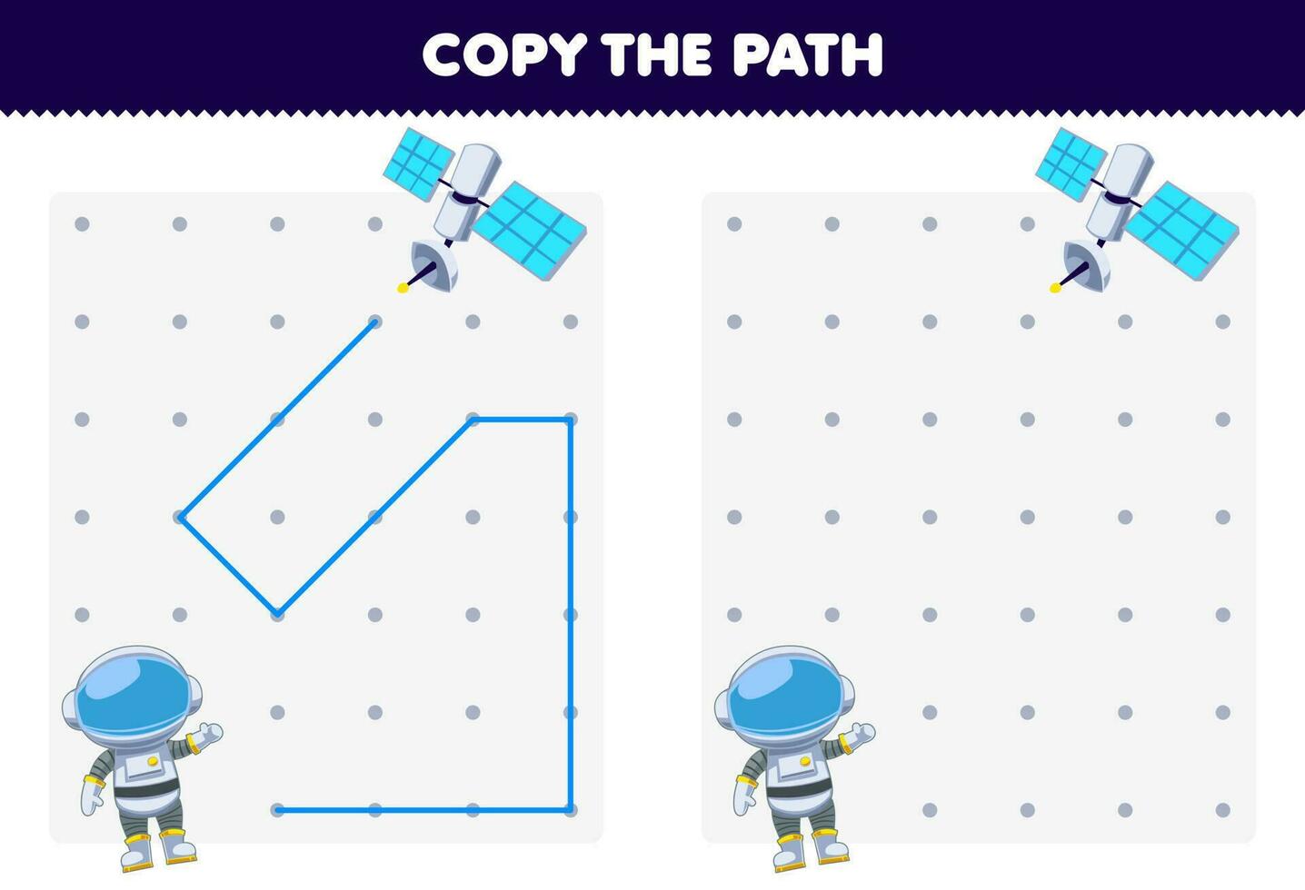 educación juego para niños Copiar el camino ayuda astronauta moverse a el satélite imprimible solar sistema hoja de cálculo vector