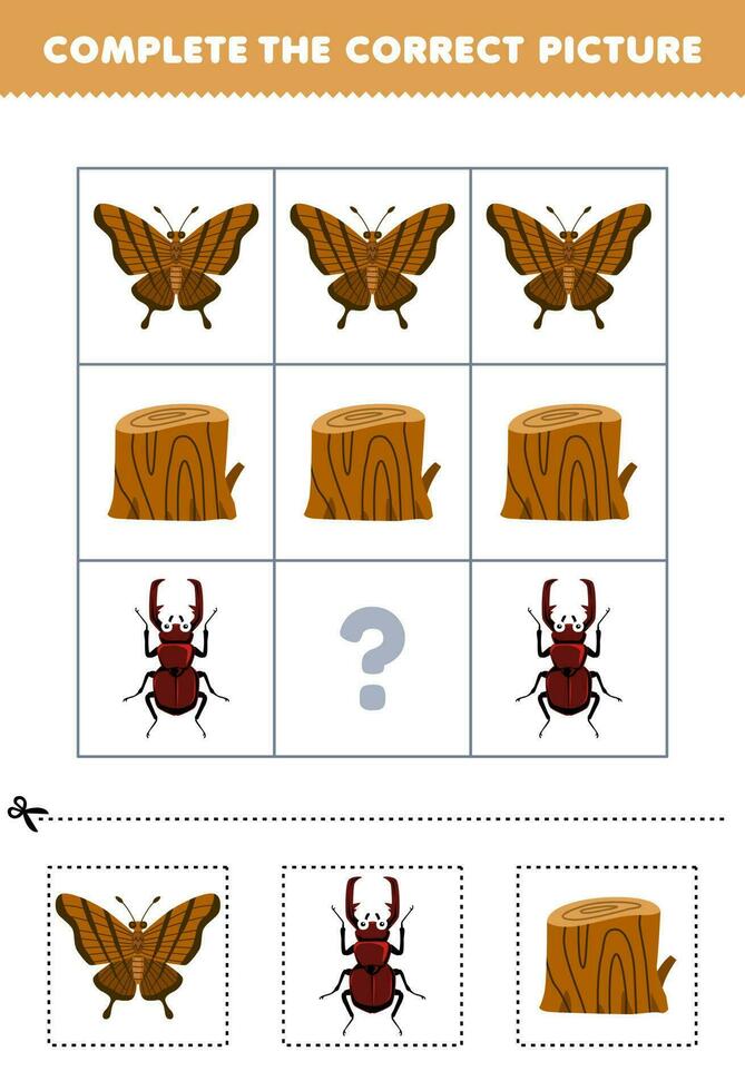 Education game for children to choose and complete the correct picture of a cute cartoon butterfly beetle or wood log printable bug worksheet vector