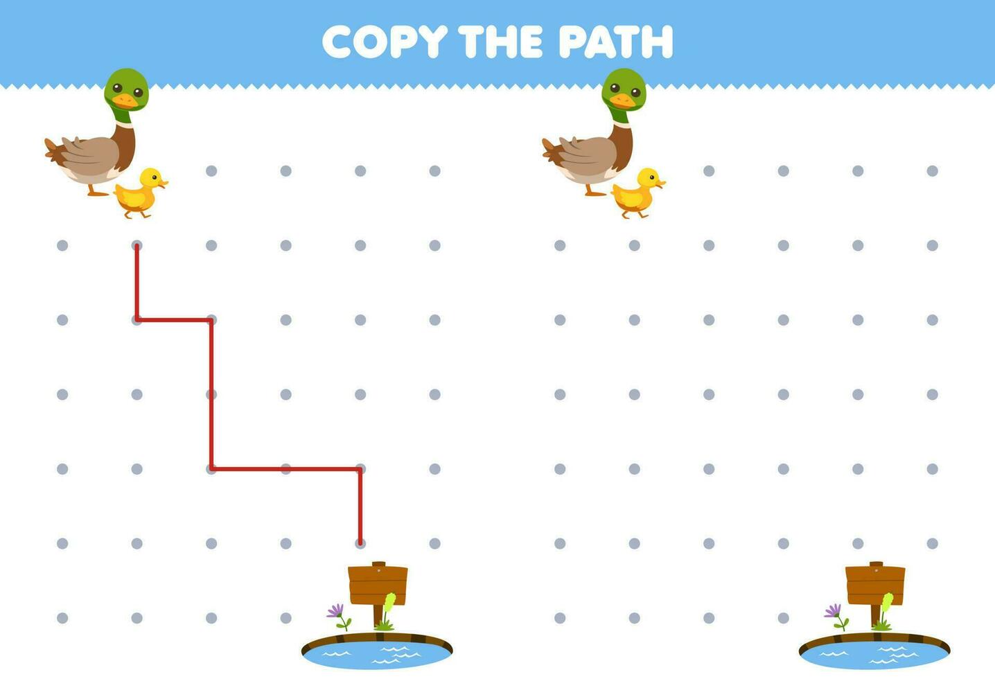 Education game for children copy the path help duck move to the pond printable farm worksheet vector