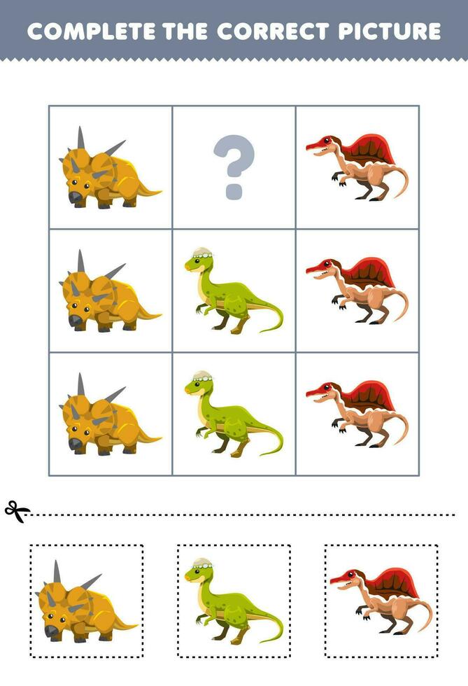 Education game for children to choose and complete the correct picture of a cute cartoon xenoceratops or spinosaurus printable dinosaur worksheet vector