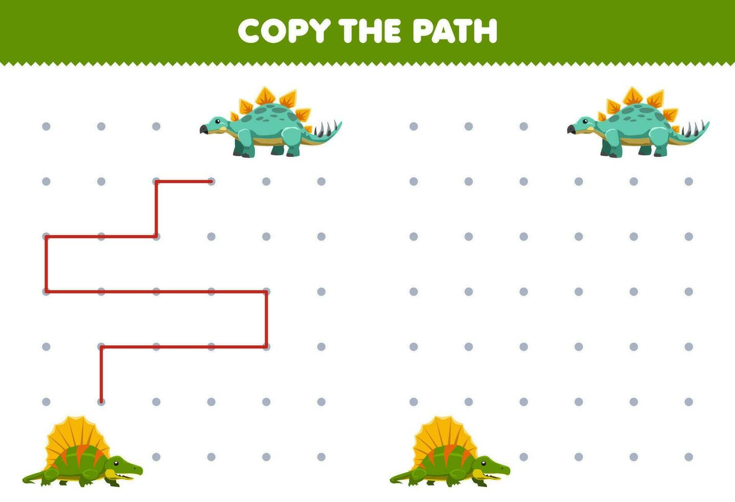 Education game for children copy the path help dimetrodon move to the stegosaurus printable prehistoric dinosaur worksheet vector