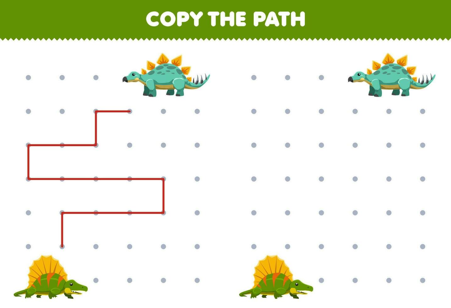 educación juego para niños Copiar el camino ayuda dimetrodón moverse a el estegosaurio imprimible prehistórico dinosaurio hoja de cálculo vector