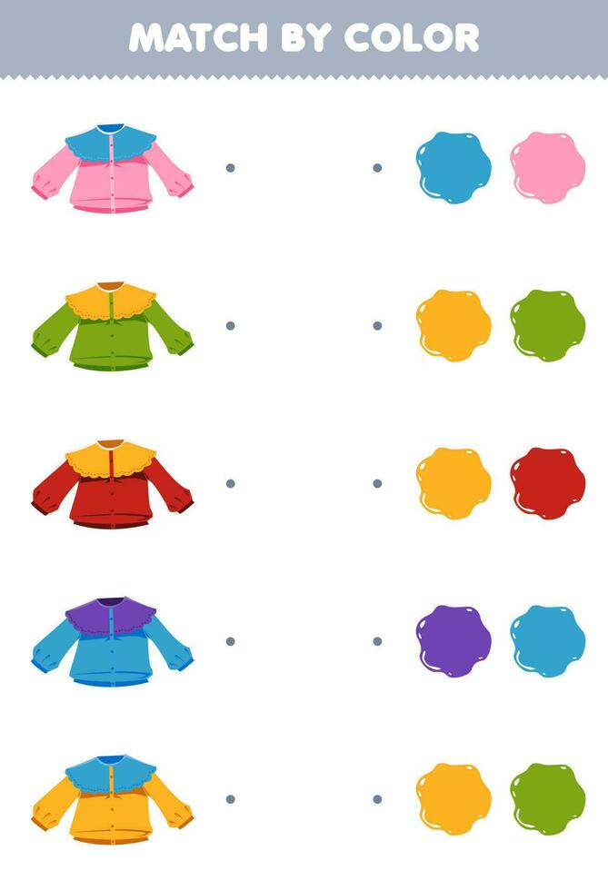 educación juego para niños partido por color de linda dibujos animados blusa imprimible usable ropa hoja de cálculo vector