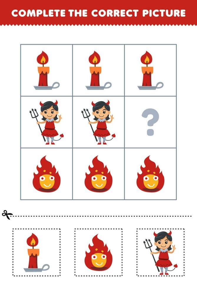 Education game for children to choose and complete the correct picture of a cute cartoon fire candle or devil girl printable halloween worksheet vector