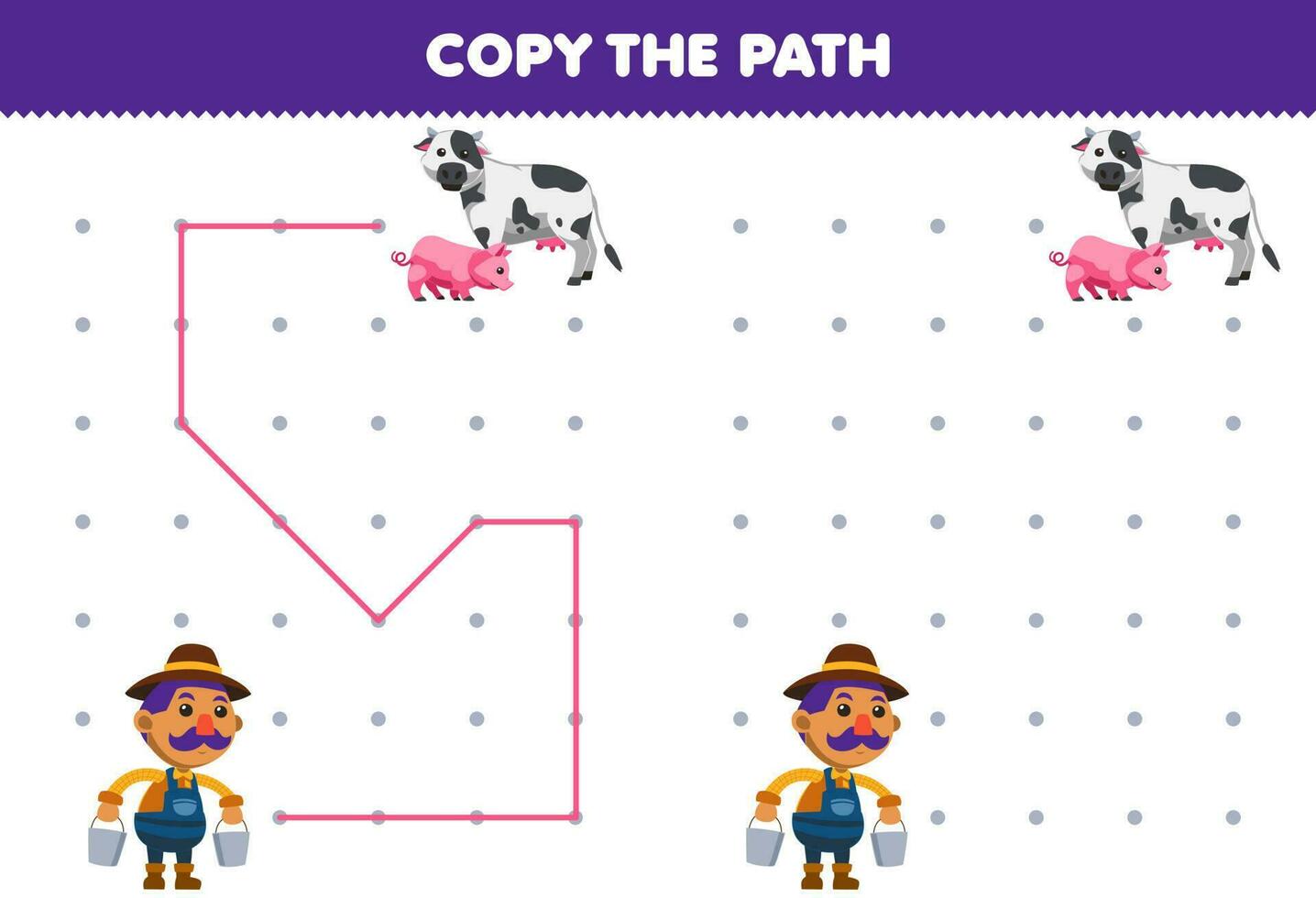 Education game for children copy the path help farmer move to the cow and pig printable farm worksheet vector