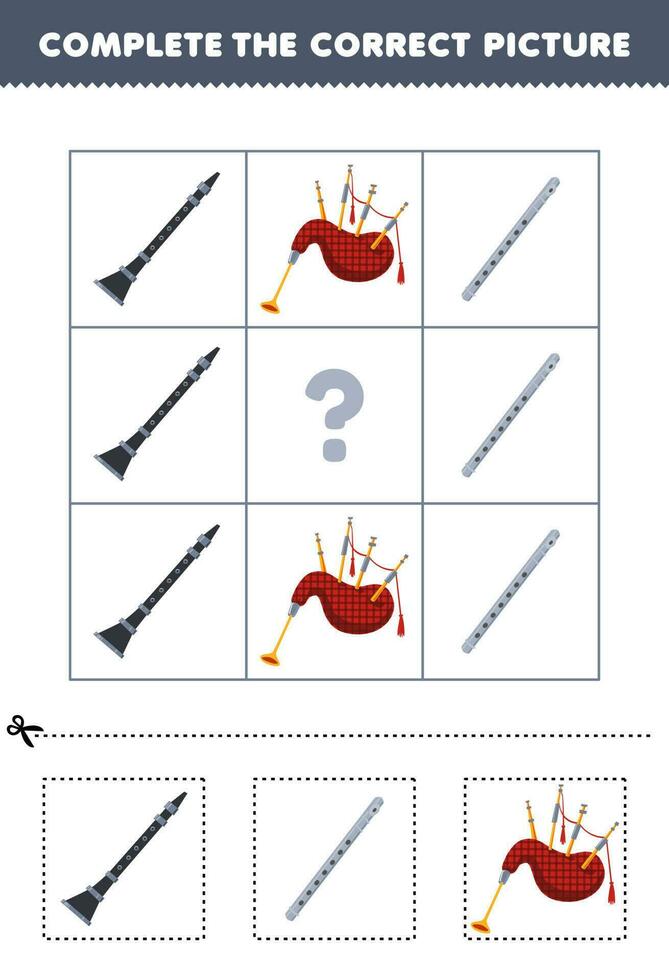 Education game for children to choose and complete the correct picture of a cute cartoon clarinet flute or bagpipes printable music worksheet vector