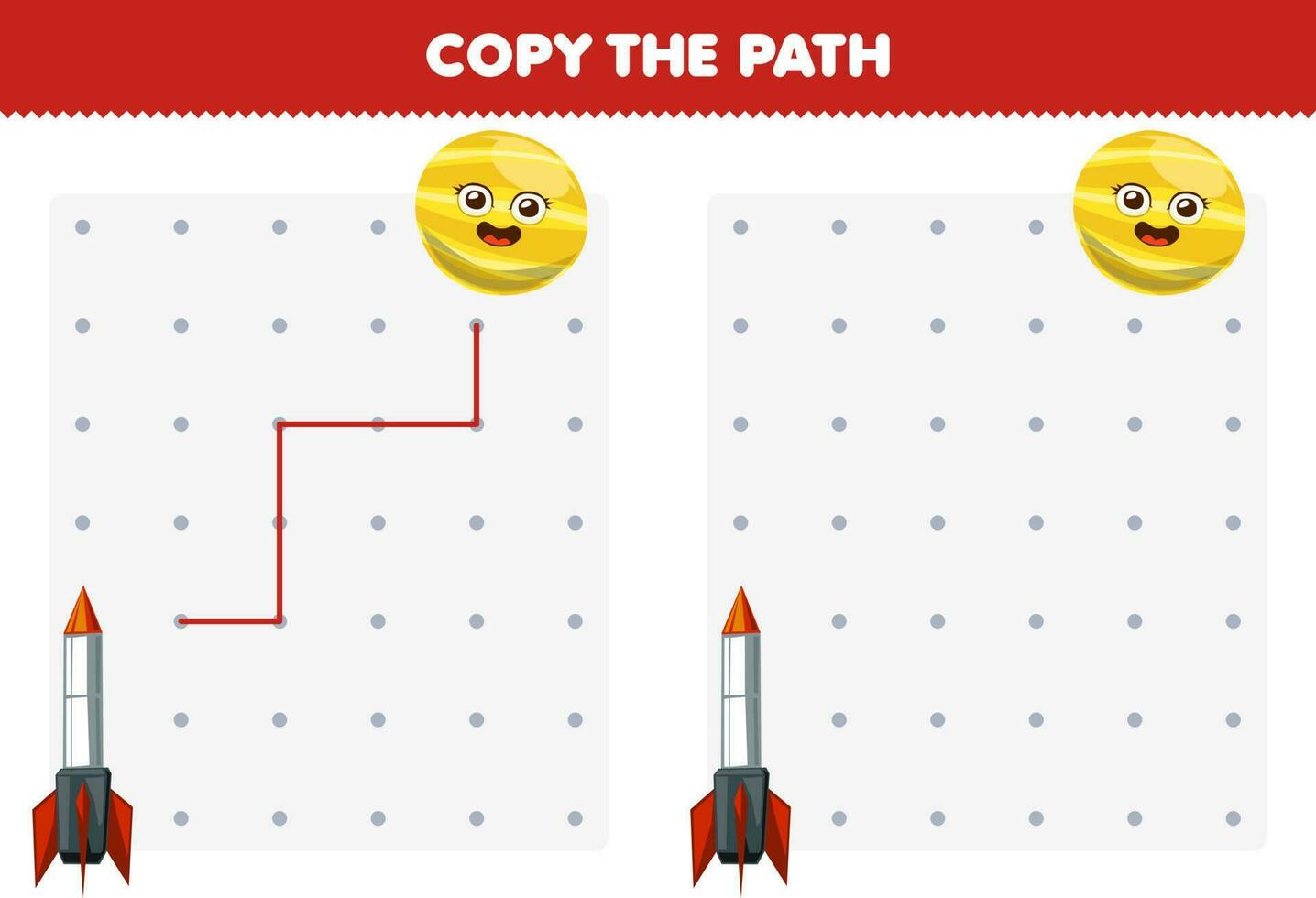 Education game for children copy the path help rocket move to the yellow planet printable solar system worksheet vector