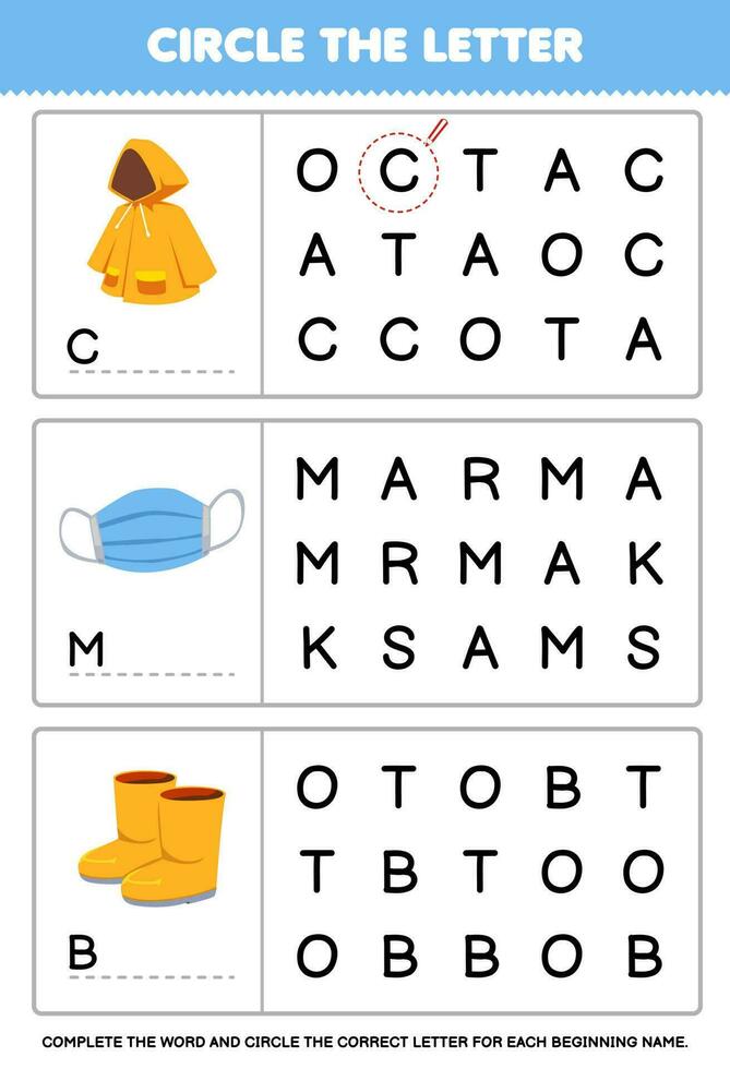 Education game for children circle the beginning letter from cute cartoon raincoat masker boot printable wearable clothes worksheet vector