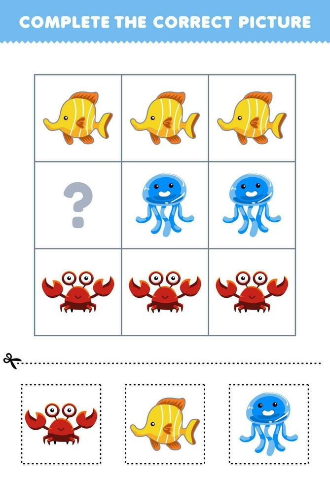 educación juego para niños a escoger y completar el correcto imagen de un linda dibujos animados cangrejo pescado o Medusa imprimible animal hoja de cálculo vector