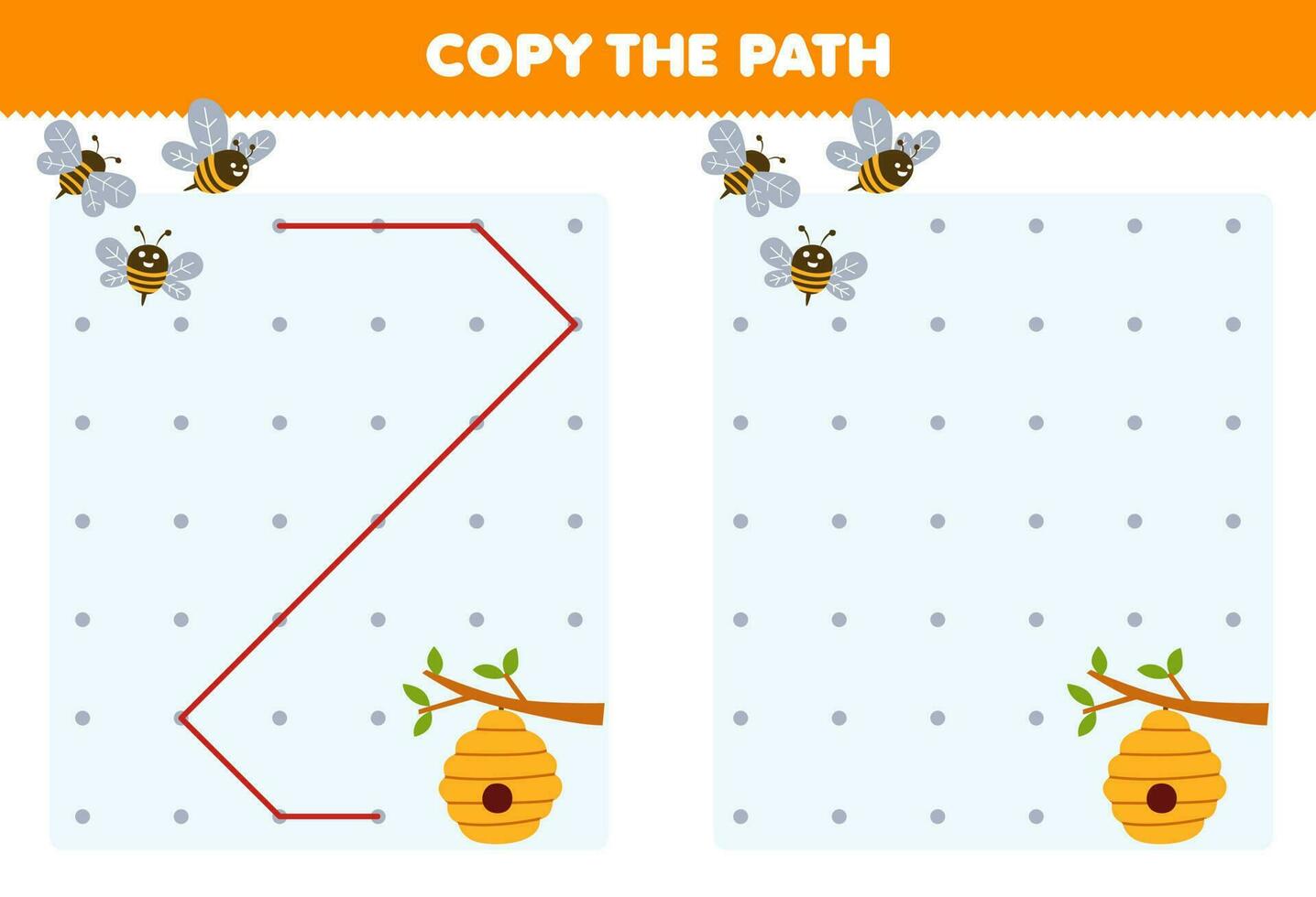 Education game for children copy the path help bee move to the beehive printable farm worksheet vector