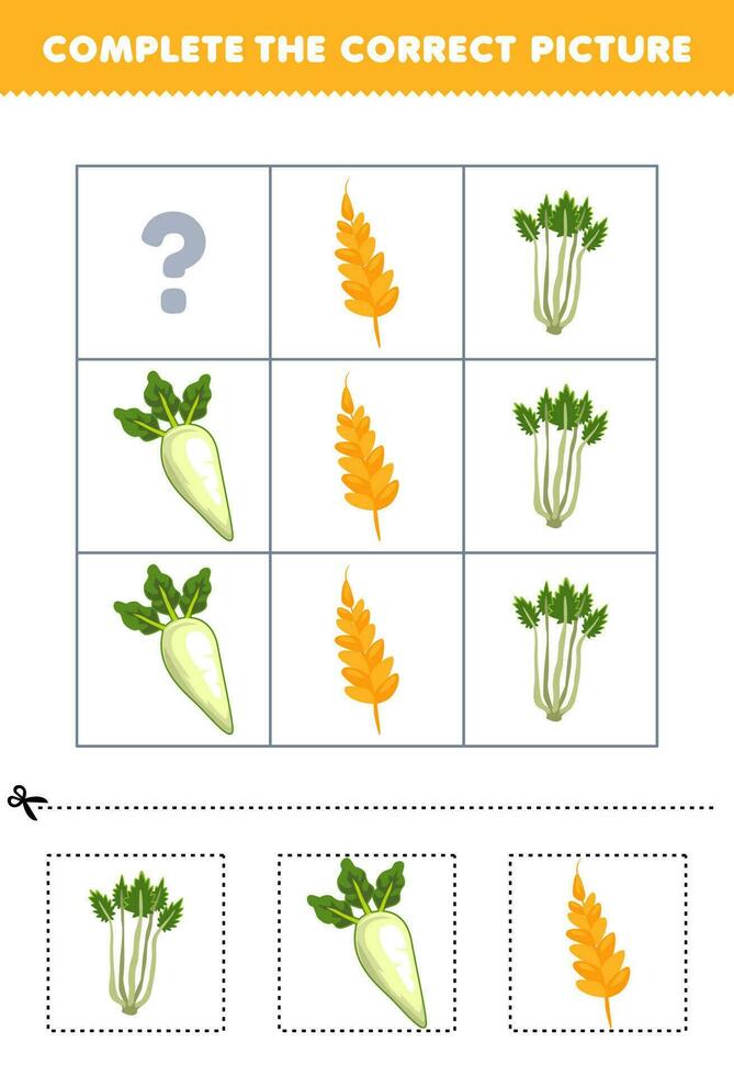 Education game for children to choose and complete the correct picture of a cute cartoon celery radish or wheat printable vegetable worksheet vector