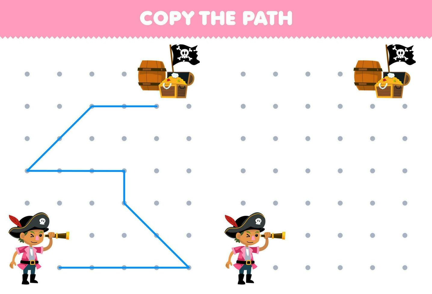 Education game for children copy the path help boy with spyglass move to the treasure chest printable pirate worksheet vector