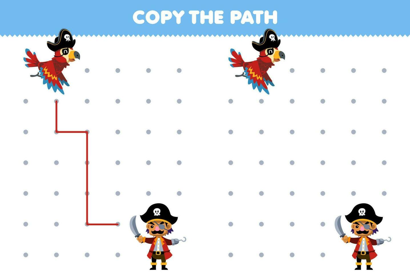 educación juego para niños Copiar el camino ayuda loro moverse a el capitán imprimible pirata hoja de cálculo vector