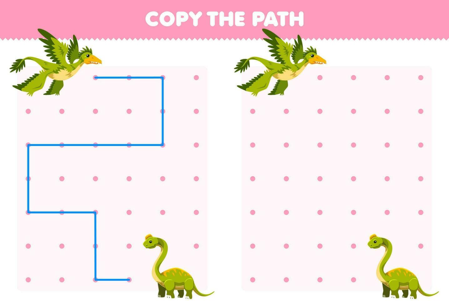 Education game for children copy the path help microraptor move to the ultrasaurus printable prehistoric dinosaur worksheet vector