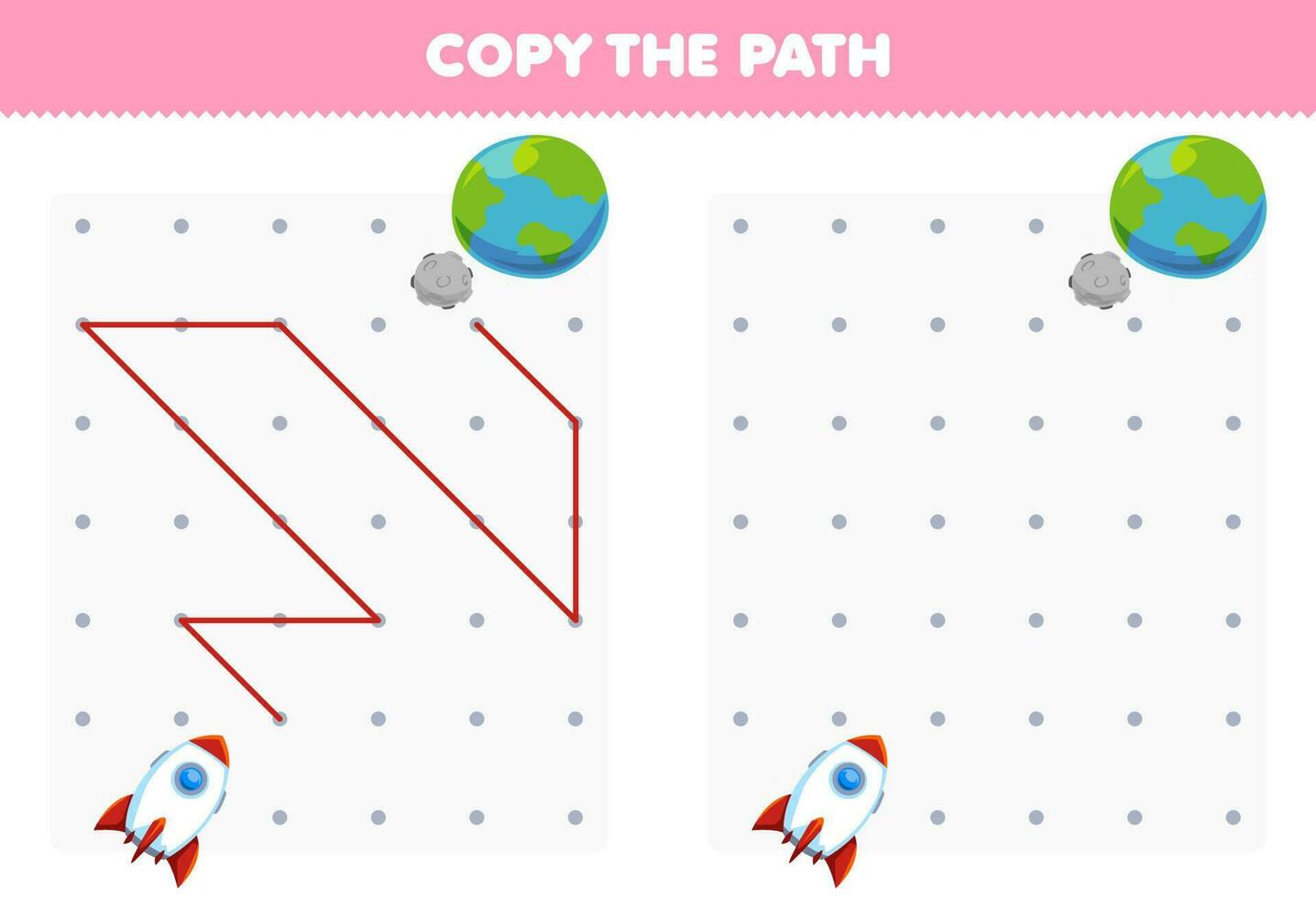 Education game for children copy the path help rocket move to the planet printable transportation worksheet vector