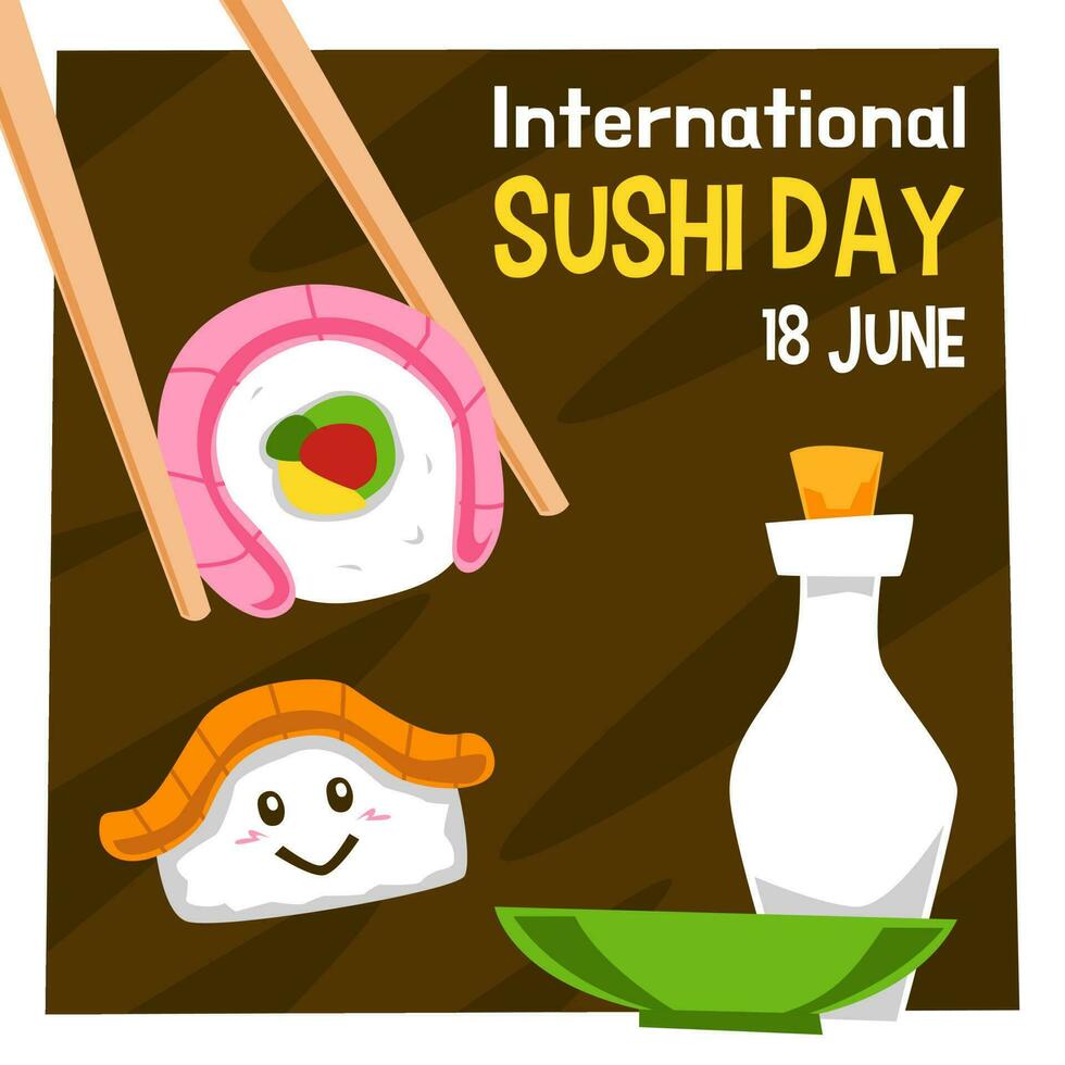 diseño para internacional Sushi día con linda dibujos animados Sushi taza y botella ilustración vector