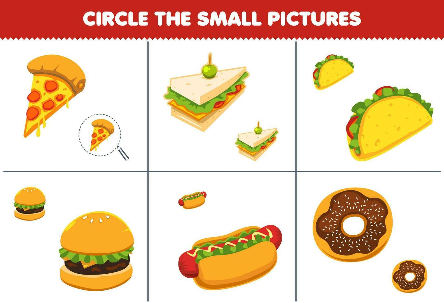 Education game for children circle the small picture of cute cartoon pizza sandwich taco burger hotdog donut printable food worksheet vector