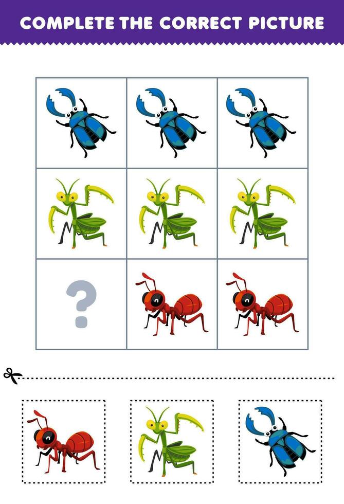 educación juego para niños a escoger y completar el correcto imagen de un linda dibujos animados hormiga mantis o ciervo escarabajo imprimible error hoja de cálculo vector