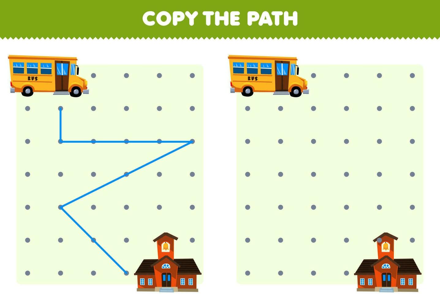 Education game for children copy the path help bus move to the school printable transportation worksheet vector