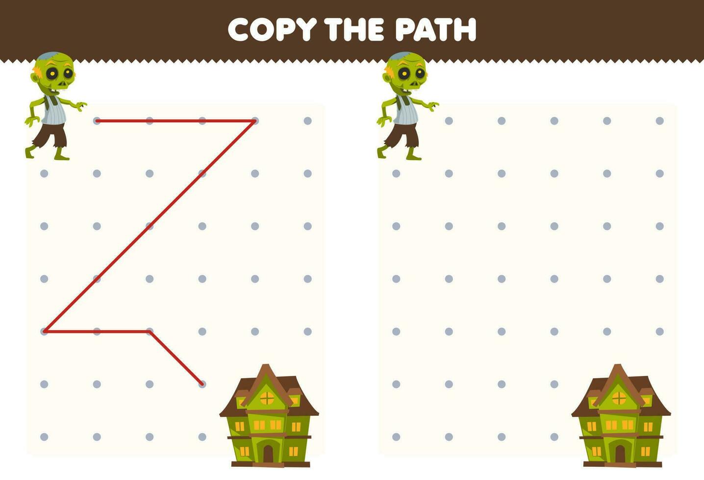 Education game for children copy the path help zombie move to the spooky house printable halloween worksheet vector