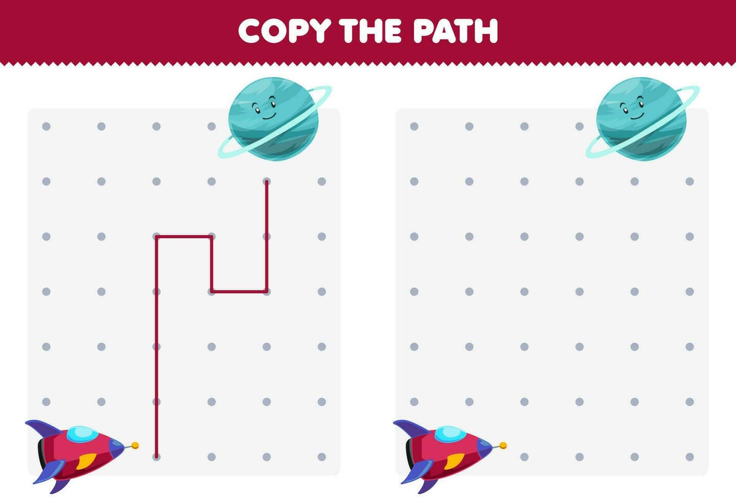 educación juego para niños Copiar el camino ayuda espacio Embarcacion moverse a el azul planeta imprimible solar sistema hoja de cálculo vector