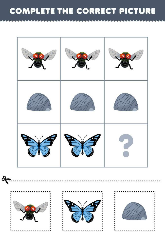 educación juego para niños a escoger y completar el correcto imagen de un linda dibujos animados mosca mariposa o Roca imprimible error hoja de cálculo vector