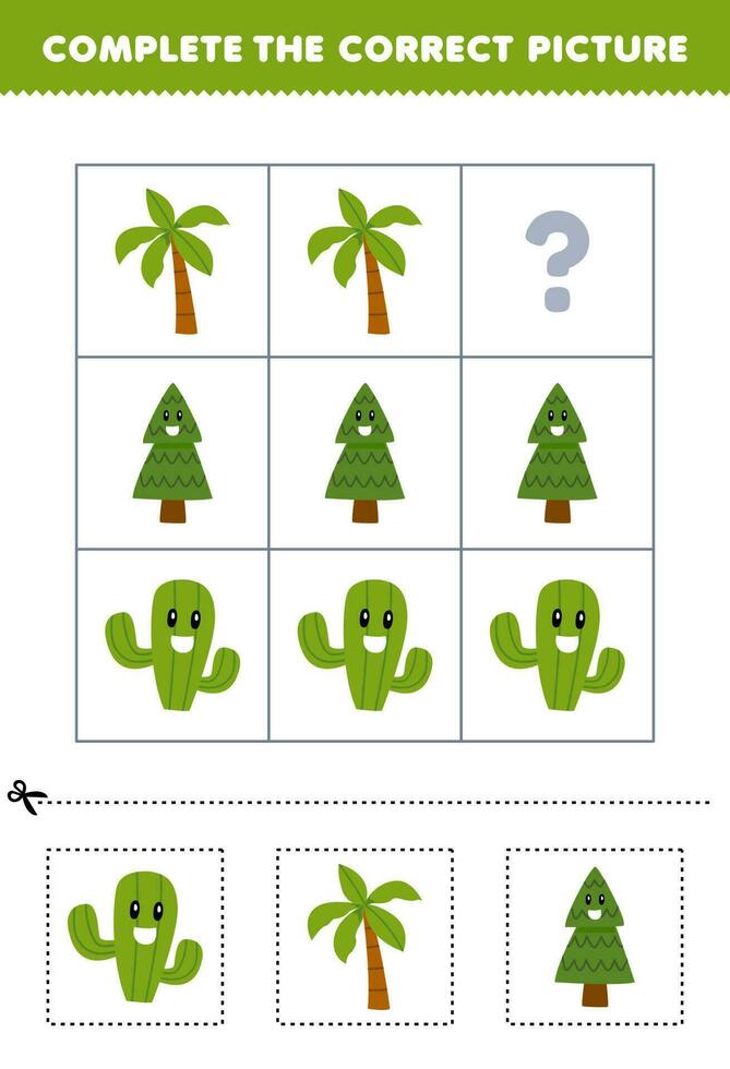 Education game for children to choose and complete the correct picture of a cute cartoon cactus palm or pine tree printable nature worksheet vector