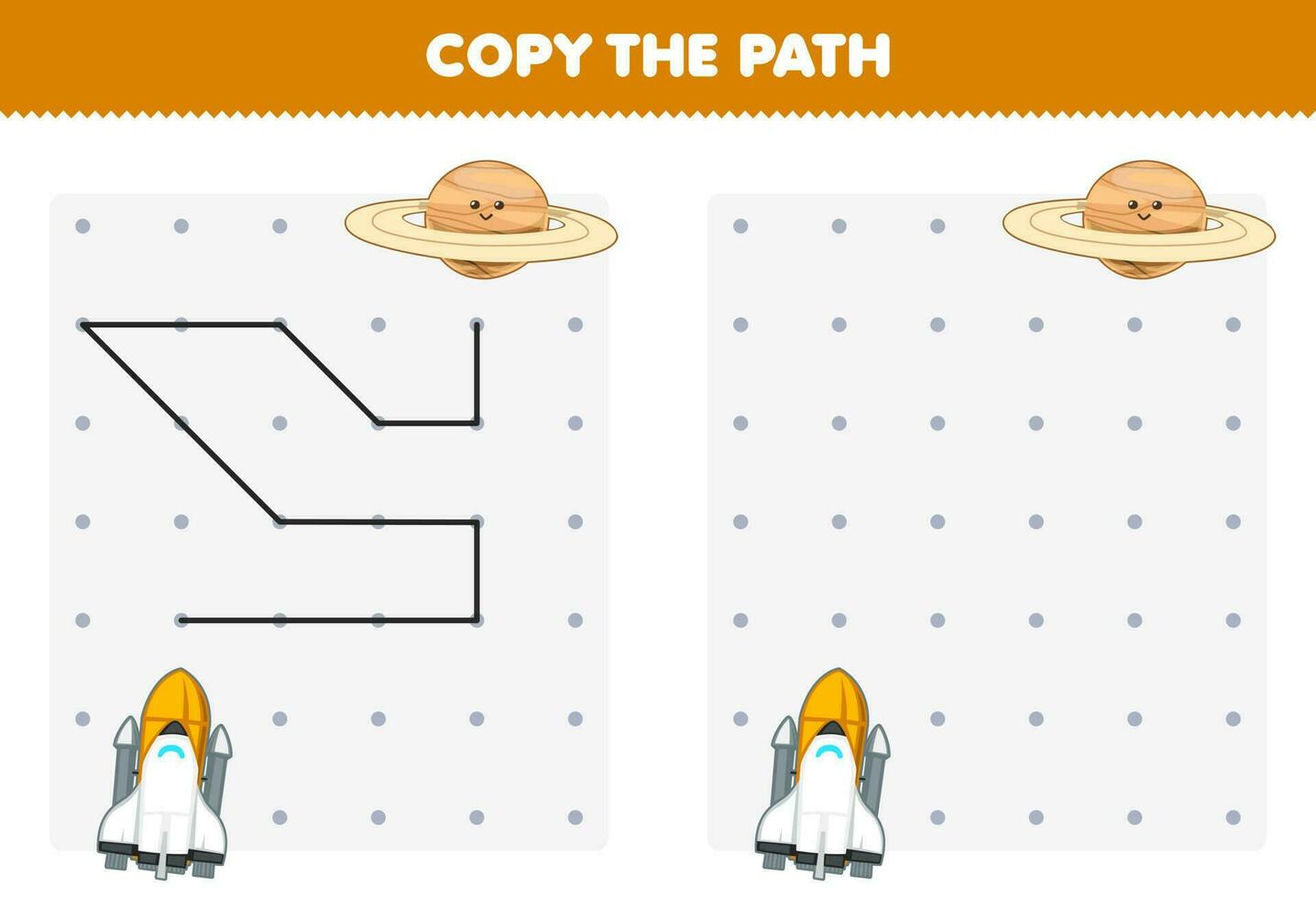 educación juego para niños Copiar el camino ayuda astronave moverse a el planeta imprimible solar sistema hoja de cálculo vector