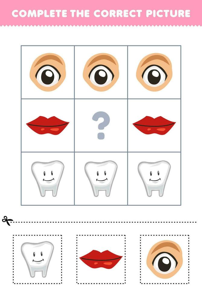 educación juego para niños a escoger y completar el correcto imagen de un linda dibujos animados diente labio o ojo imprimible anatomía hoja de cálculo vector