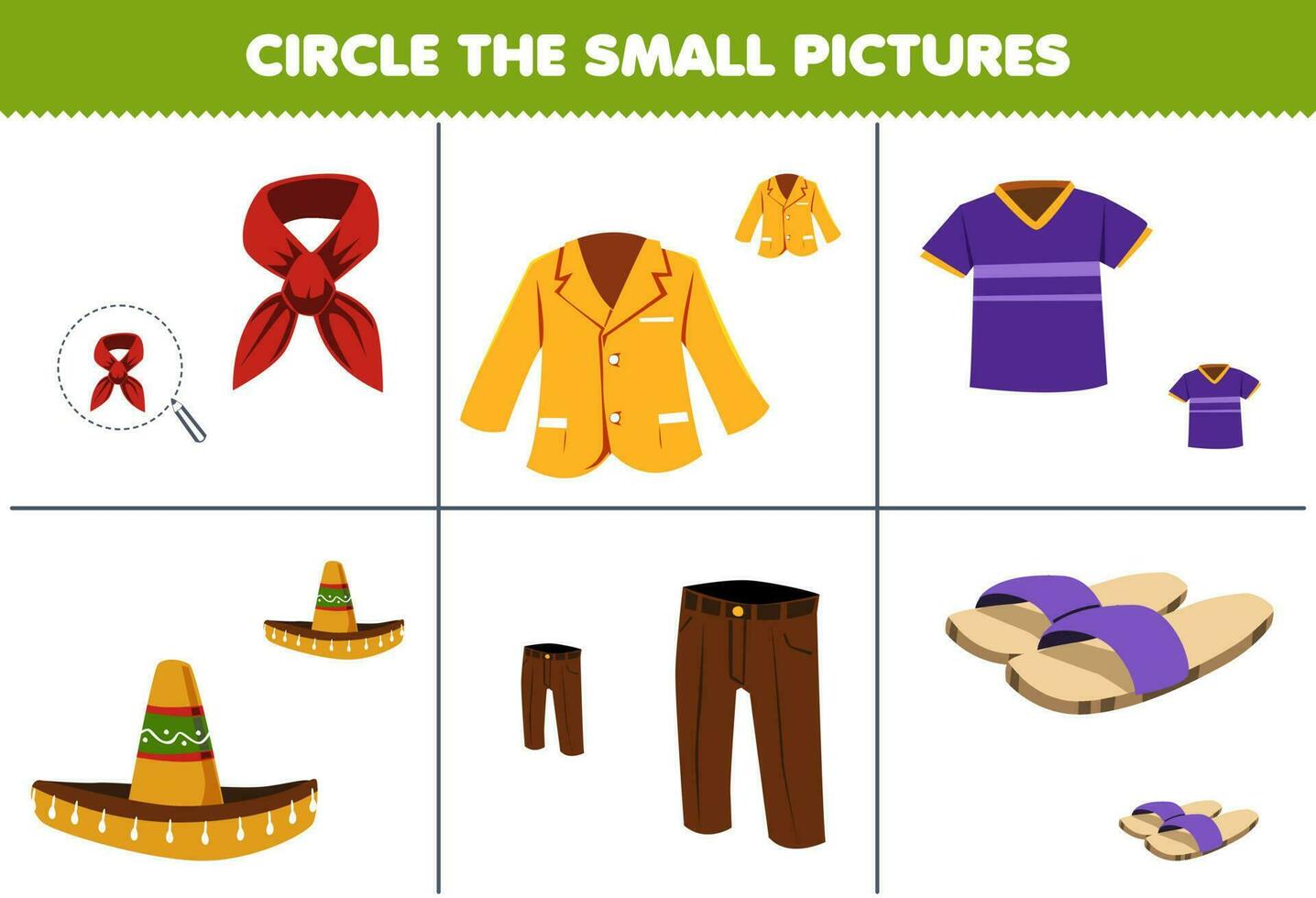 educación juego para niños escoger el pequeño imagen de linda dibujos animados bufanda chaqueta de sport jersey sombrero sombrero pantalón zapatilla imprimible usable hoja de cálculo vector