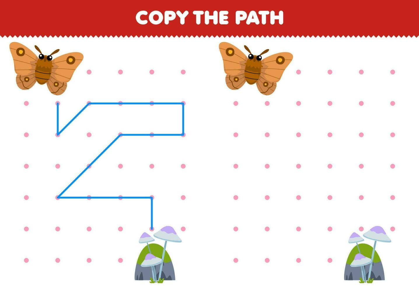 Education game for children copy the path help moth move to the stone and mushroom printable bug worksheet vector