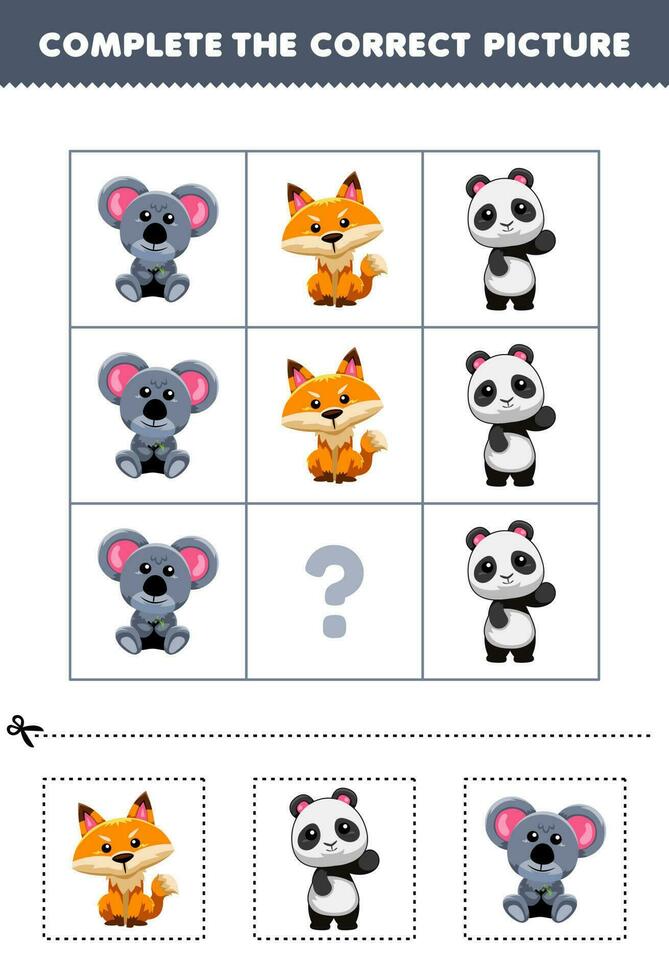 educación juego para niños a escoger y completar el correcto imagen de un linda dibujos animados zorro panda o coala imprimible animal hoja de cálculo vector