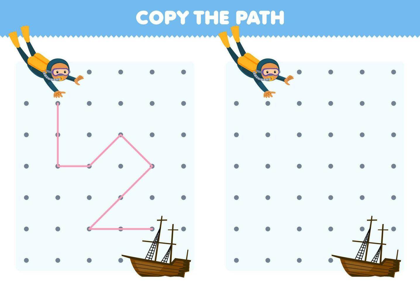 Education game for children copy the path help diver move to the wrecked ship printable underwater worksheet vector