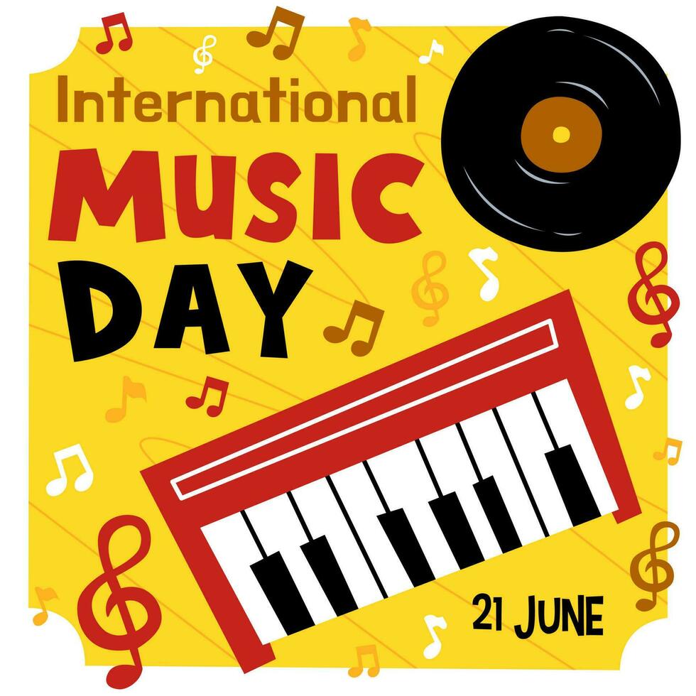 design for international music day with keyboard and vinyl record illustration vector