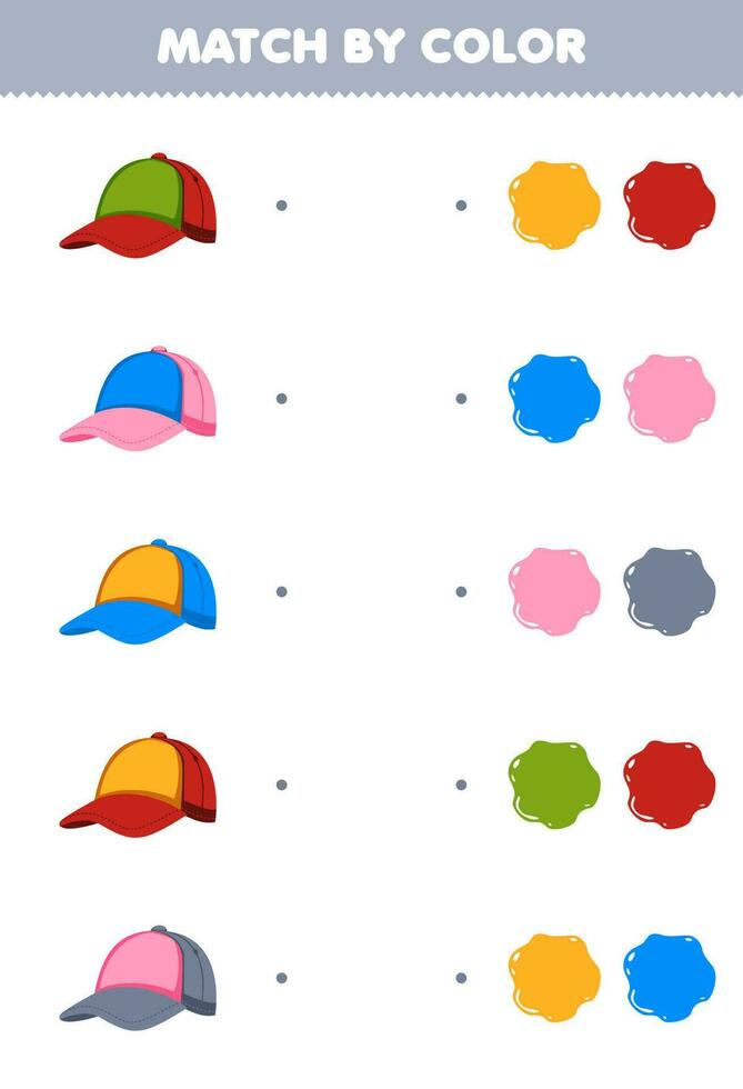 Education game for children match by color of cute cartoon cap hat printable wearable clothes worksheet vector