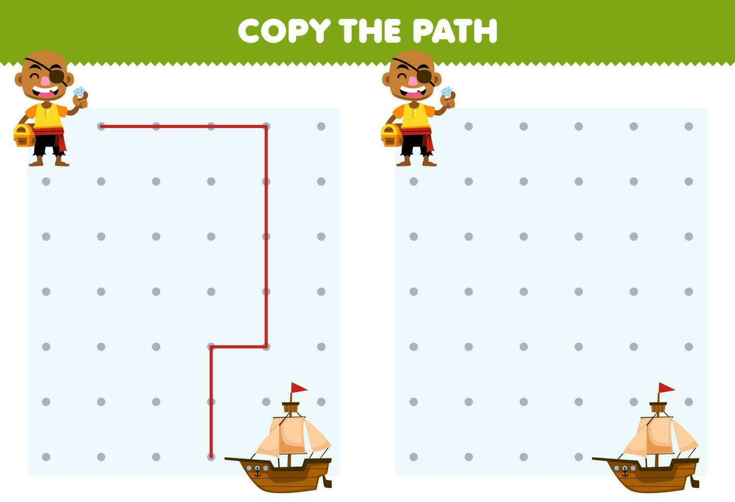 educación juego para niños Copiar el camino ayuda calvo hombre moverse a el Embarcacion imprimible pirata hoja de cálculo vector