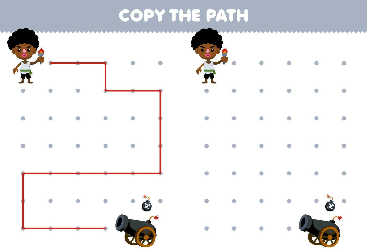 Education game for children copy the path help kid move to the cannon and bomb printable pirate worksheet vector