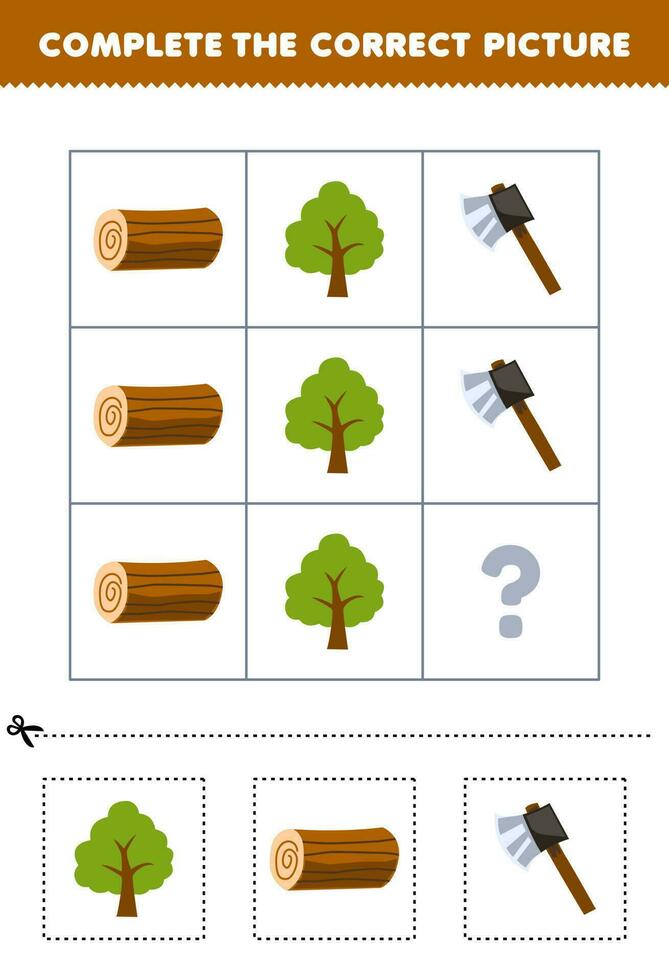 Education game for children to choose and complete the correct picture of a cute cartoon tree wood log or axe printable farm worksheet vector