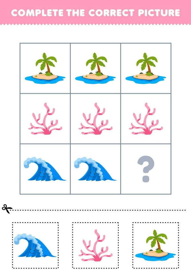 Education game for children to choose and complete the correct picture of a cute cartoon wave coral or island printable nature worksheet vector