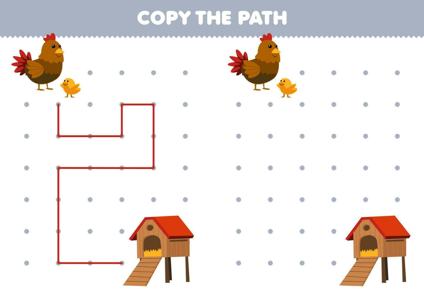 Education game for children copy the path help chicken move to the chicken coop printable farm worksheet vector