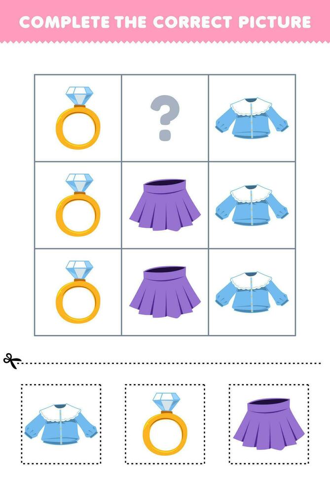Education game for children to choose and complete the correct picture of a cute cartoon blouse ring or skirt printable wearable worksheet vector