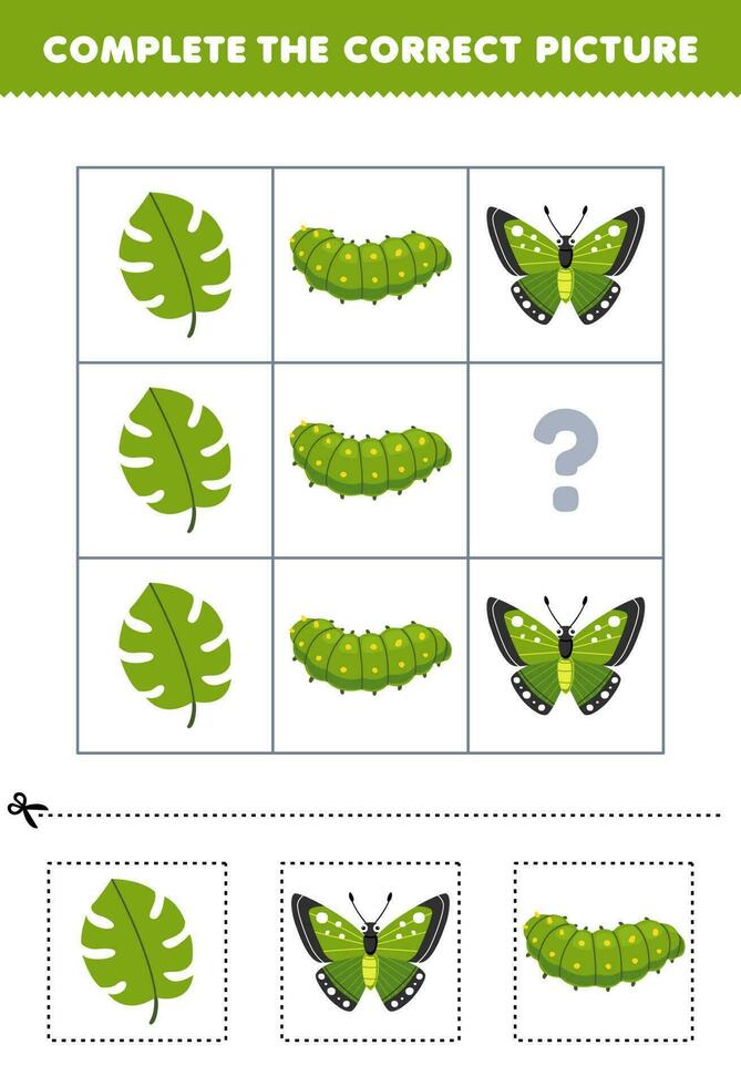 Education game for children to choose and complete the correct picture of a cute cartoon leaf butterfly or caterpillar printable bug worksheet vector