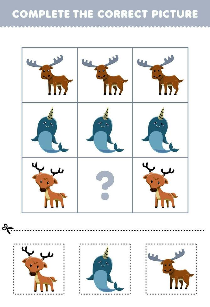 Education game for children to choose and complete the correct picture of a cute cartoon deer narwhale or moose printable animal worksheet vector