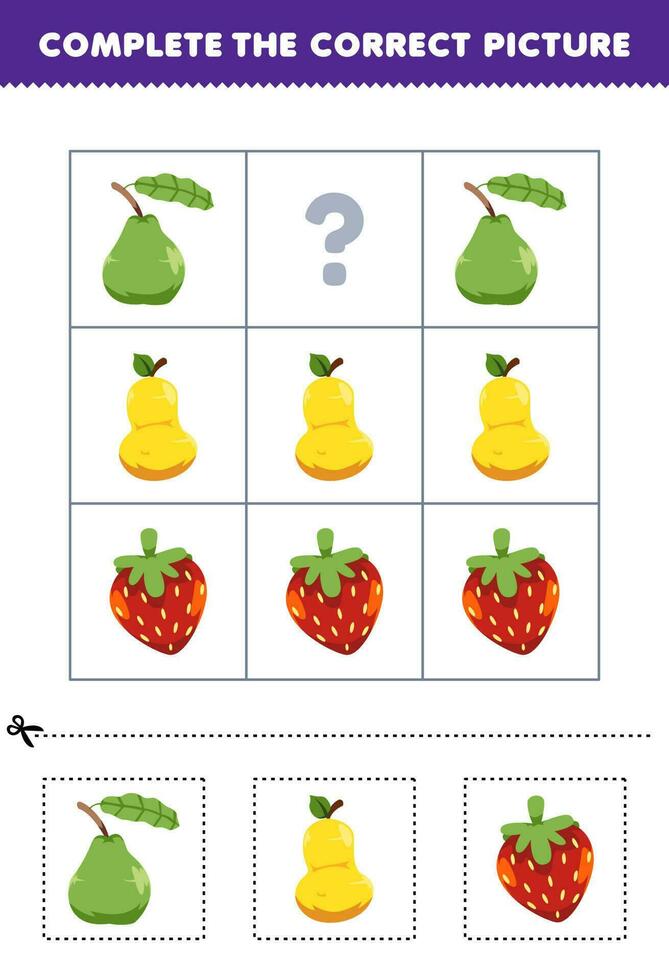 Education game for children to choose and complete the correct picture of a cute cartoon guava pear or strawberry printable fruit worksheet vector