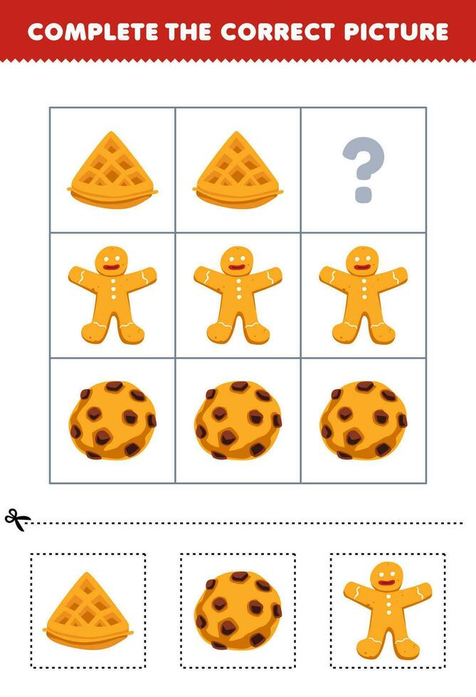 Education game for children to choose and complete the correct picture of a cute cartoon waffle cookie or gingerbread printable food worksheet vector