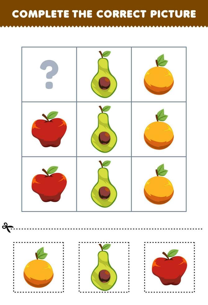 educación juego para niños a escoger y completar el correcto imagen de un linda dibujos animados manzana naranja o aguacate imprimible Fruta hoja de cálculo vector