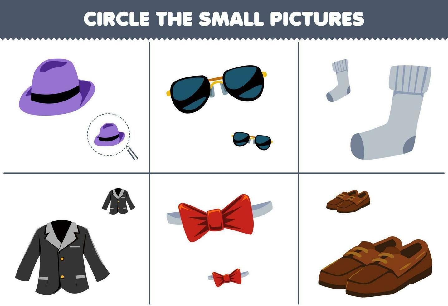 educación juego para niños escoger el pequeño imagen de linda dibujos animados fedora sombrero Gafas de sol calcetín chaqueta de sport Corbata Zapatos imprimible usable hoja de cálculo vector